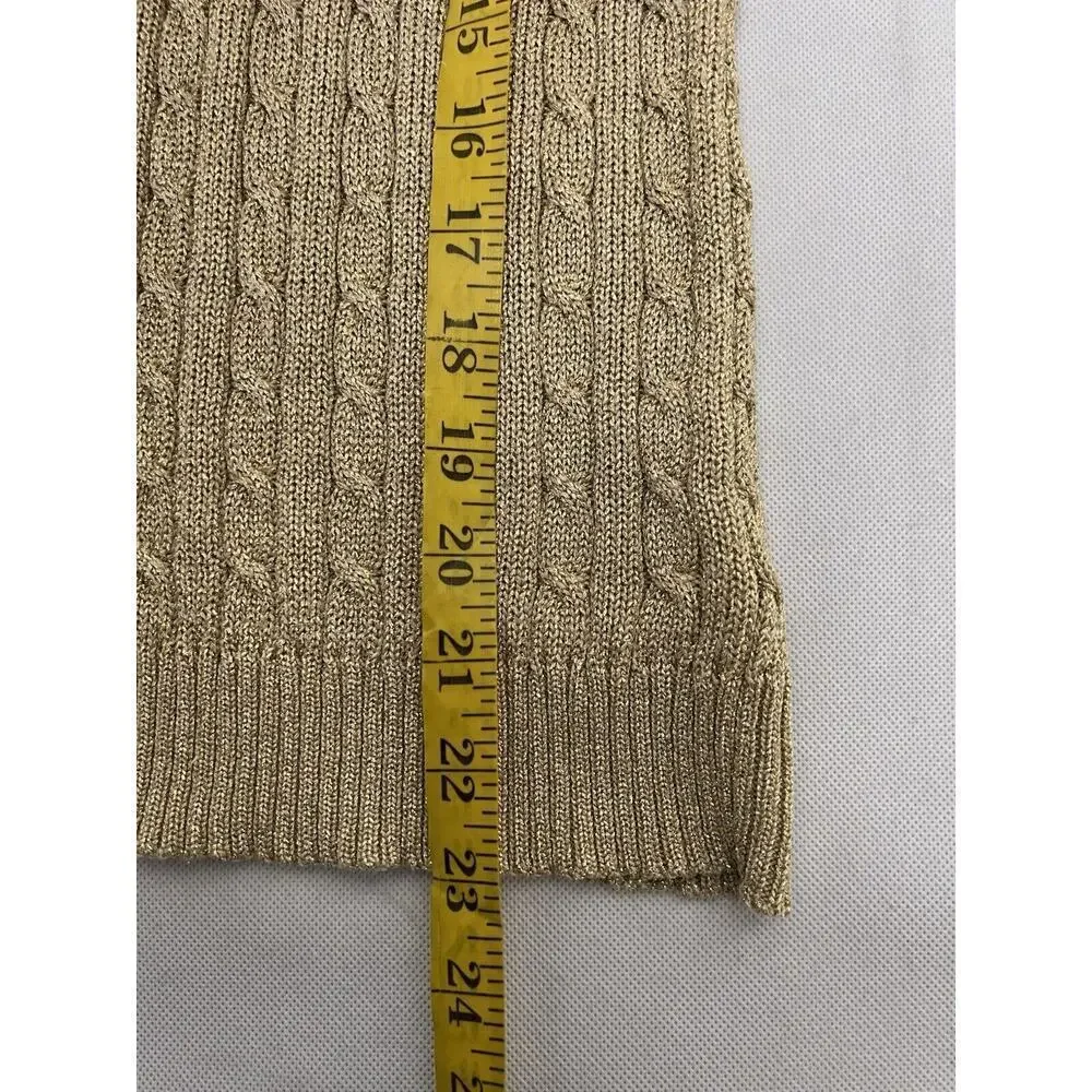 Lauren Ralph Lauren Metallic Gold Foil Cable Knit Pullover Sweater V Neck Medium - Picture 5 of 6